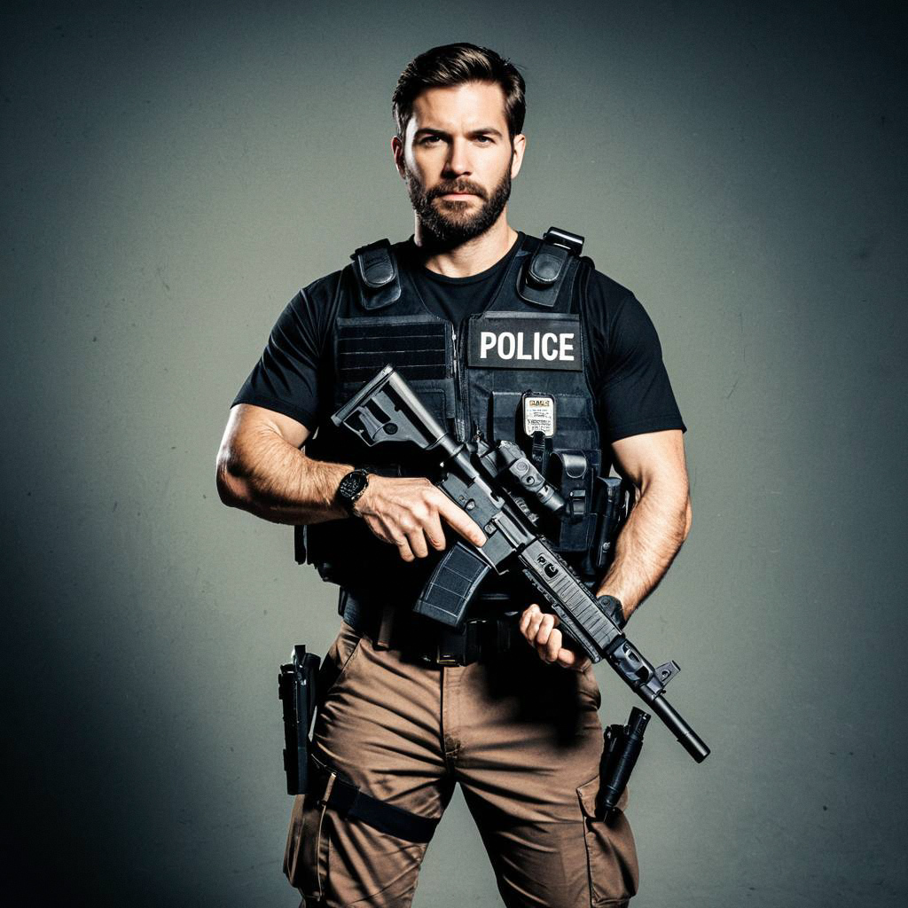 Stern Police Officer in Tactical Gear with Assault Rifle Stern Police Officer in Tactical Gear with Assault Rifle