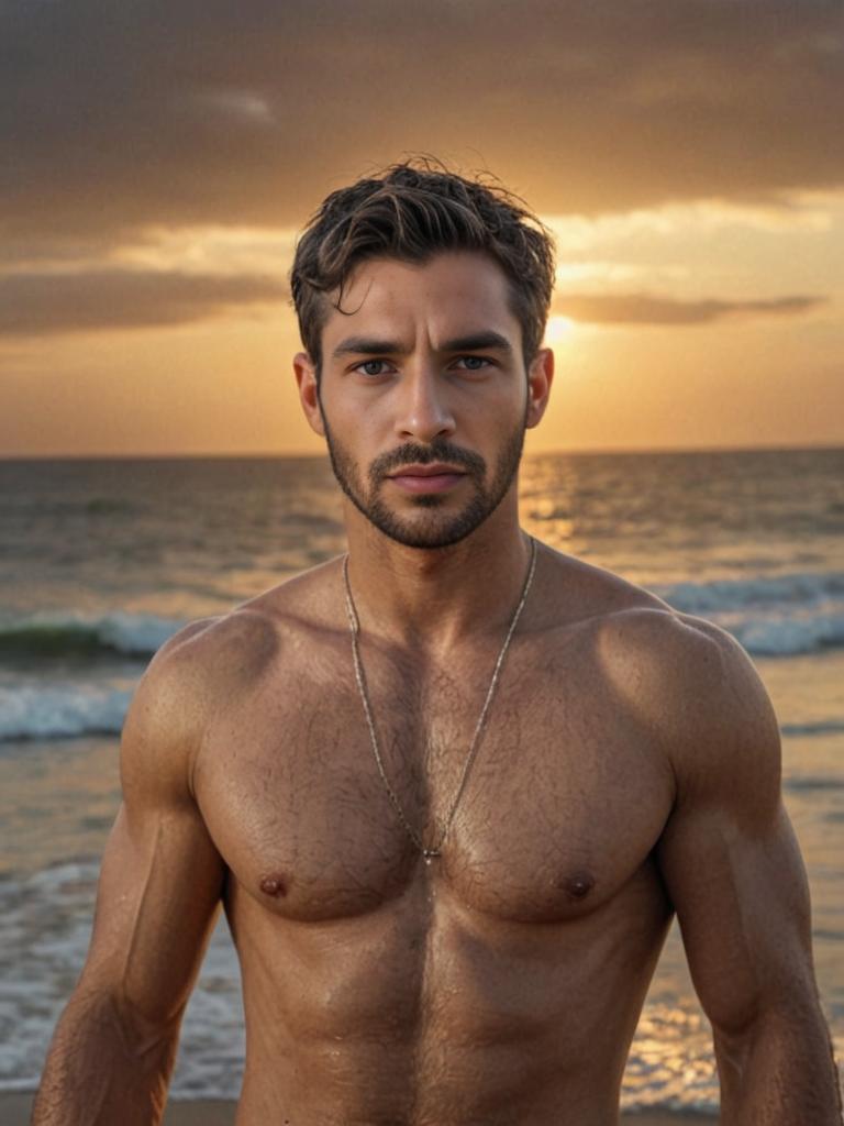 Muscular Man Shirtless on Beach at Sunset