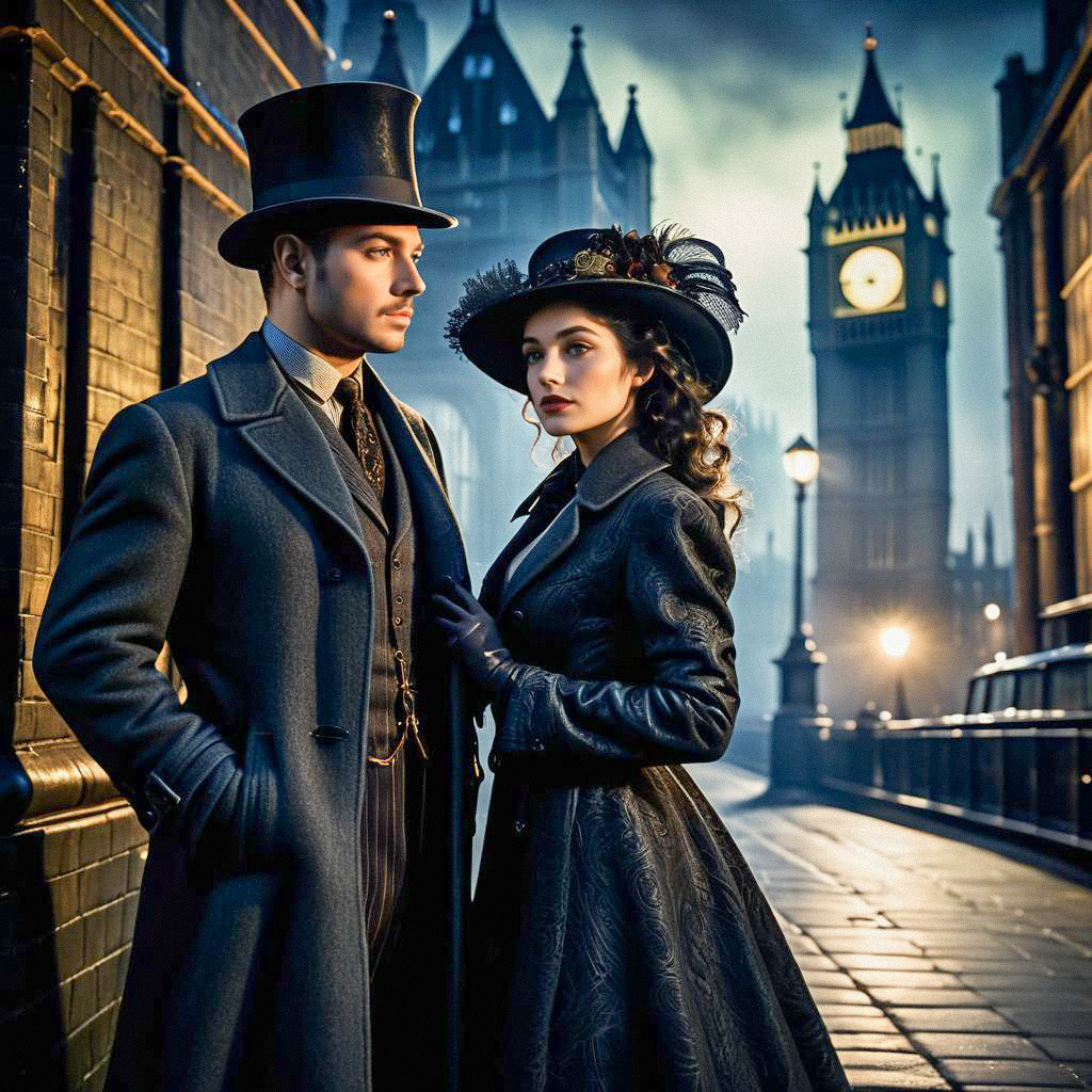 Victorian Couple in Elegant Attire Against Dramatic Architecture