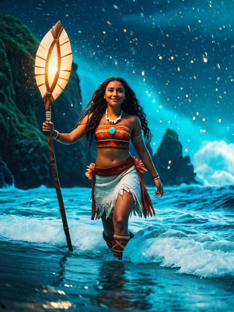 Confident Woman in Glowing Ocean Water at Night