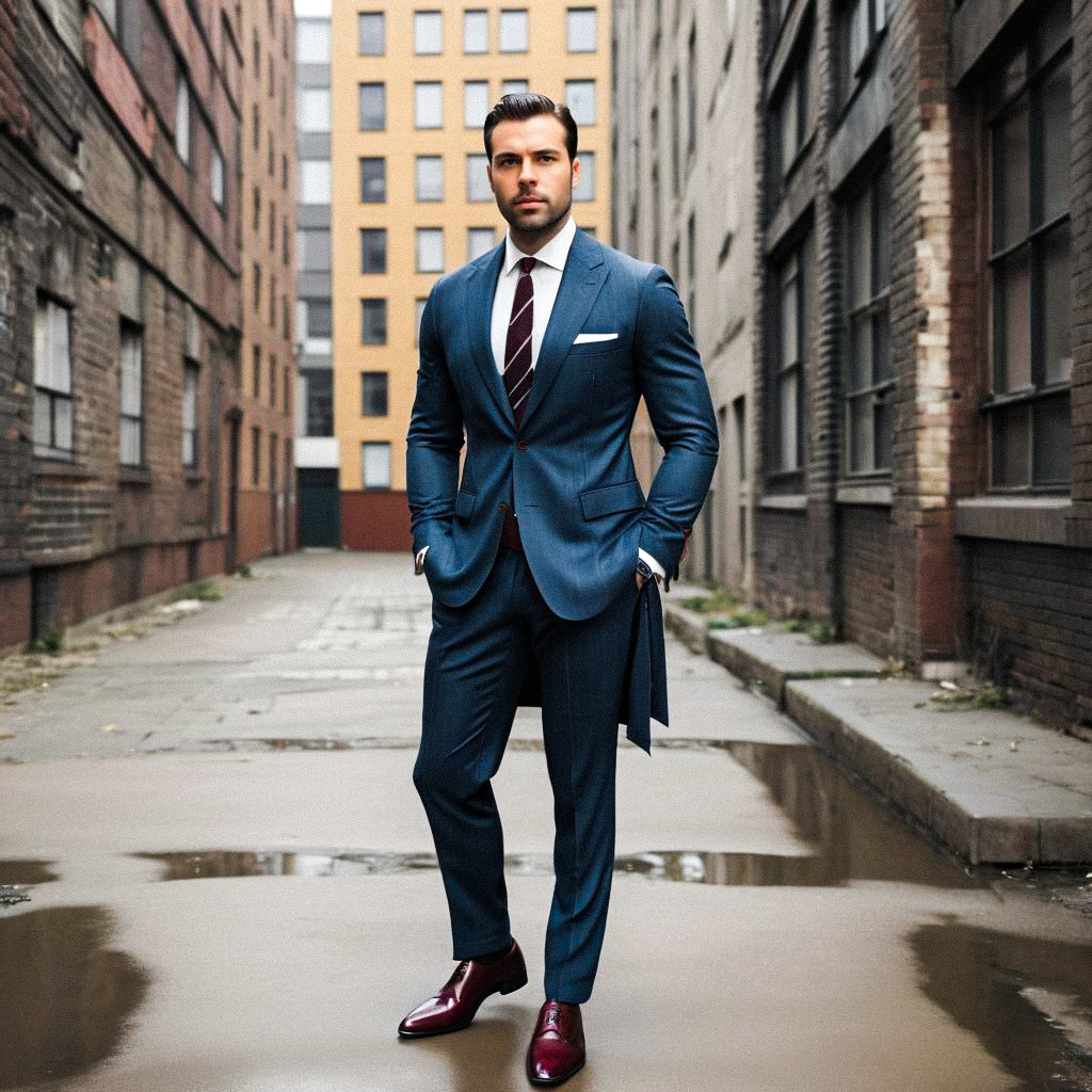 Stylish Man in Blue Suit in Urban Alley