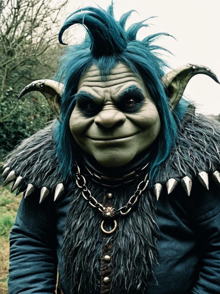 King Gristle Trolls Costume Detailed Close-up with Blue Hair and Spiked Fur Outfit
