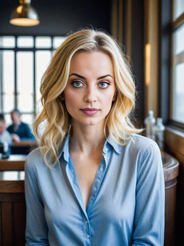 Elegant Woman with Blonde Hair in Café