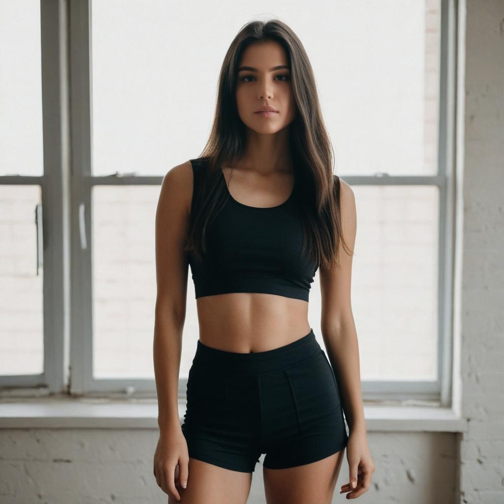 Young Woman in Black Sportswear Standing by Window