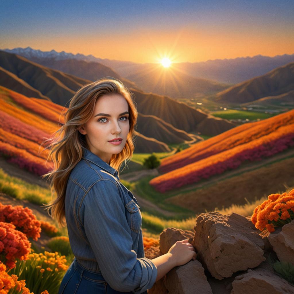 Woman in Floral Fields at Sunset