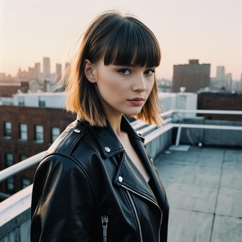 Young Woman in Black Leather Jacket on Urban Rooftop at Sunset