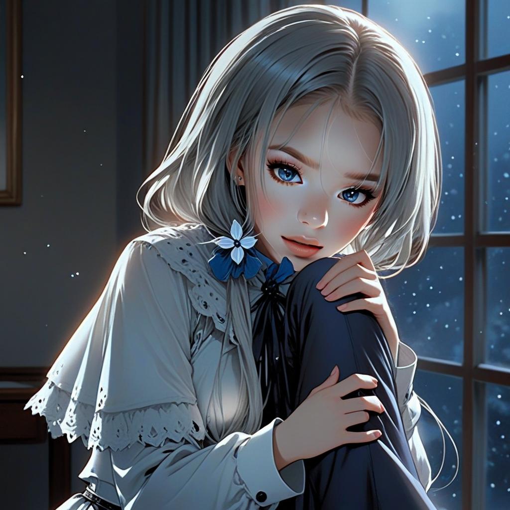 Hamazura Shiage Beautiful Anime Woman with Silver Hair and Blue Eyes Illustration