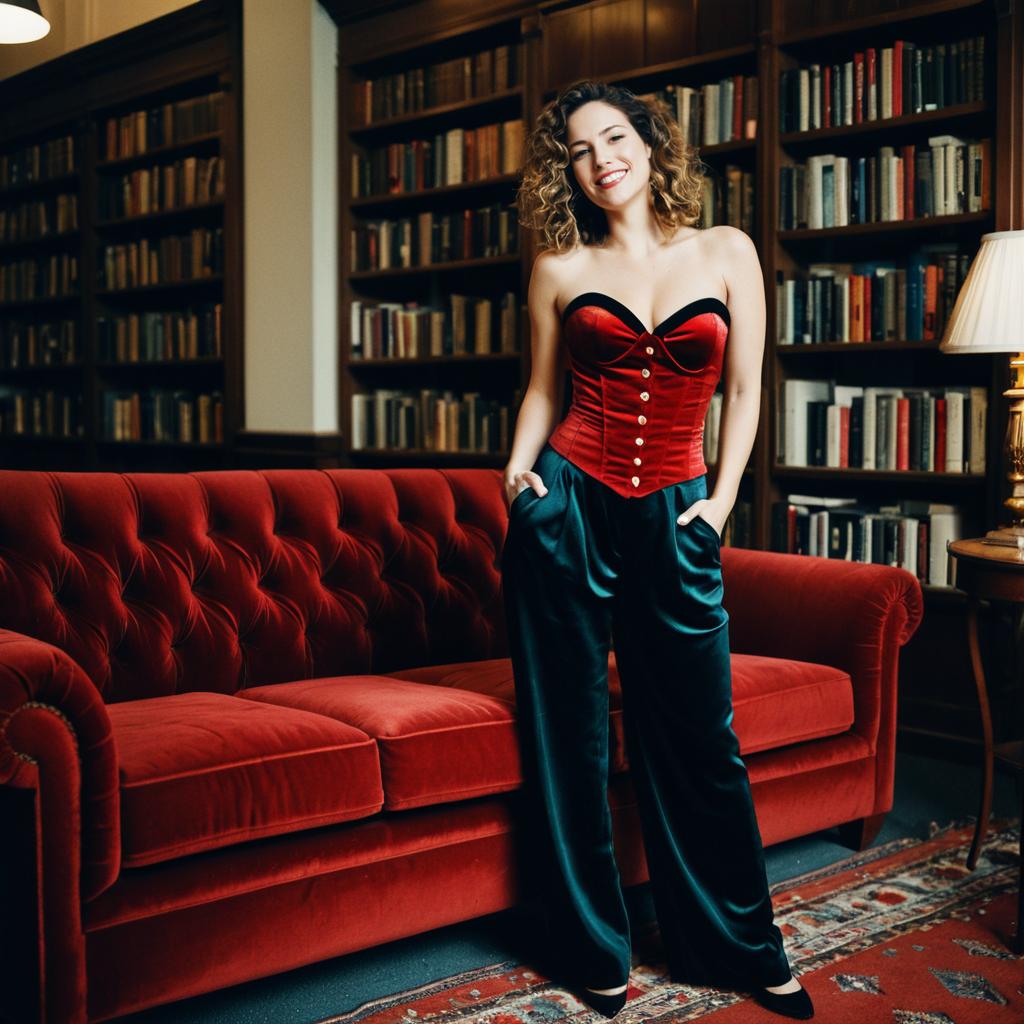 Confident Woman in Vintage Library with Red Velvet Corset