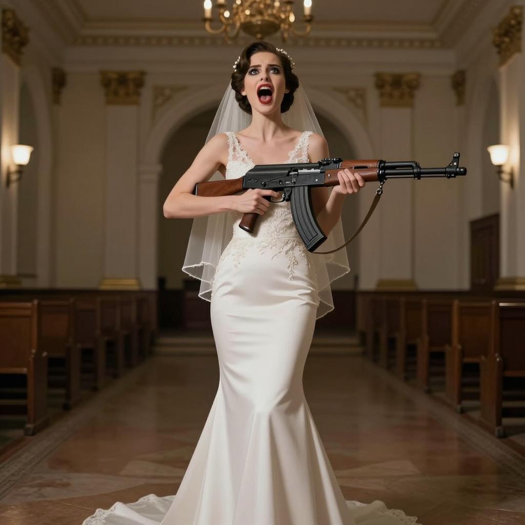 Bride in Wedding Dress Holding Assault Rifle in Grand Hall