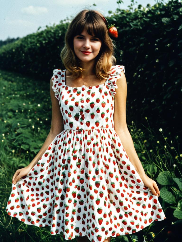 Young Woman in Strawberry Print Dress Standing in Green Field