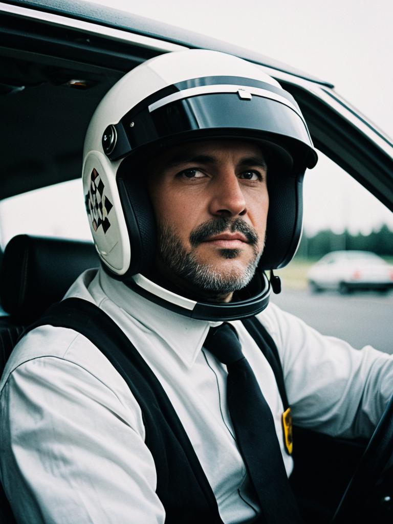 Man in Driver Costume Cosplay Portrait with Helmet and Cinematic Realism