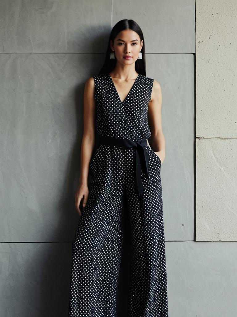 Woman in Black Polka Dot Jumpsuit Standing Against Modern Concrete Wall