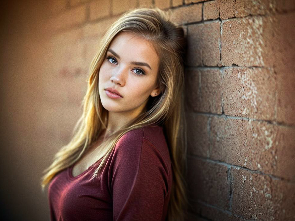 Young Woman Leaning Against Brick Wall