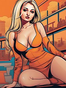 Confident Woman in Orange Outfit Against Cityscape