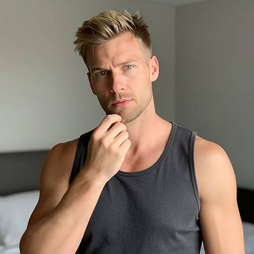 Thoughtful Man in Dark Gray Tank Top Posing Indoors