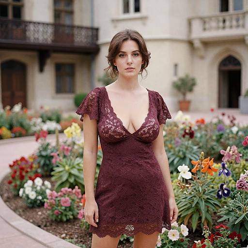 Romantic Bohemian Burgundy Lace Mini Dress with Flutter Sleeves on Woman