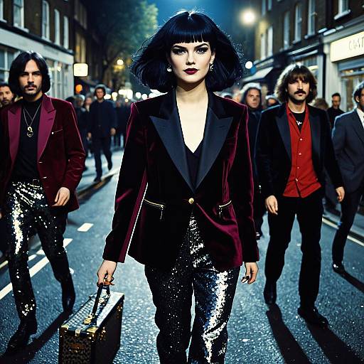 Stylish Glam Rock Group Walking on City Street at Night