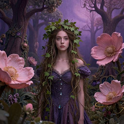 Enchanted Forest Woman in Purple Gown with Ivy Hair and Oversized Flowers