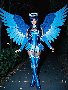 Woman in Blue Angel Wings Costume Full Body Cosplay Photo with Glowing Halo