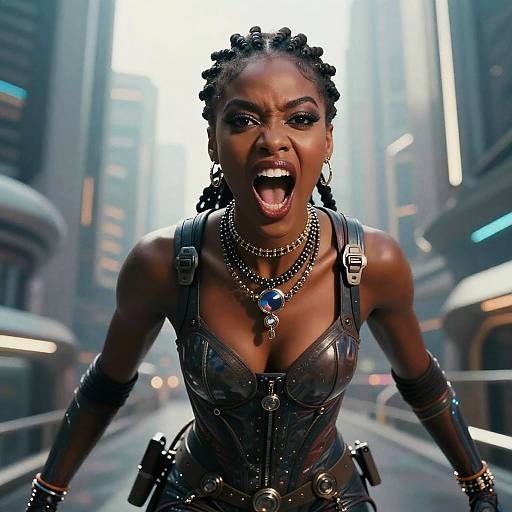 Fierce Gen Z Woman in Futuristic Leather Armor Yelling in Urban City