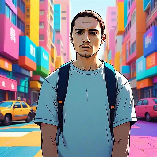 Young Man in Colorful Urban Street - Digital Anime Style Illustration