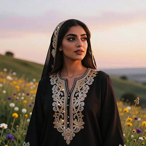 Young Woman in Traditional Embroidered Dress in Wildflower Field at Sunset