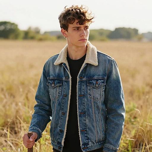 Young Man Wearing Sherpa-Lined Denim Jacket in Field – Gen Z Casual Style