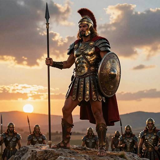 Ancient Warrior Man in Metallic Armor Holding Spear and Shield at Sunset