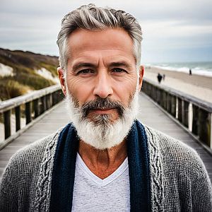Confident Man on Beach Boardwalk