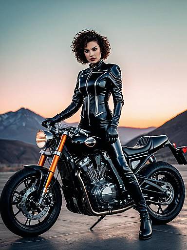 Woman in Black Leather Suit With Motorcycle at Sunset in Mountain Landscape