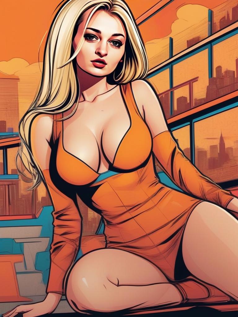 Confident Woman in Orange Outfit Against Cityscape