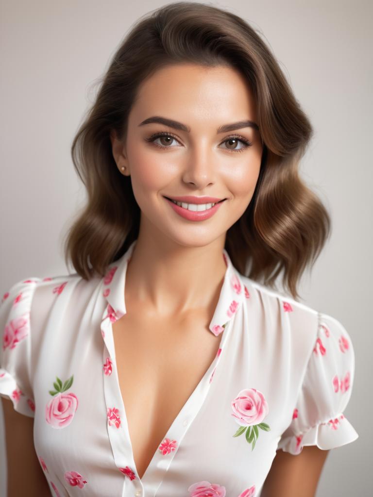 Woman with Wavy Brown Hair in Floral Blouse