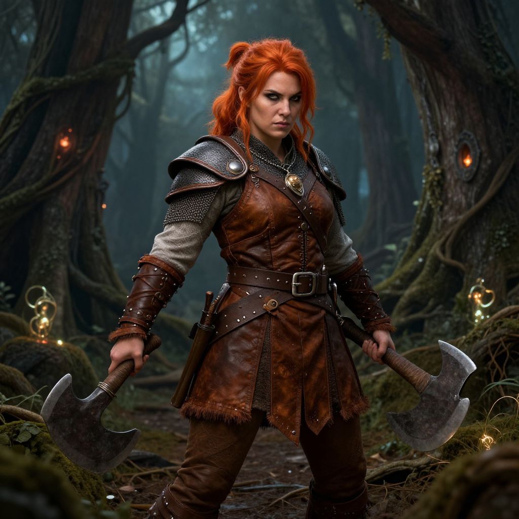 Red-Haired Female Warrior in Fantasy Forest Holding Dual Axes
