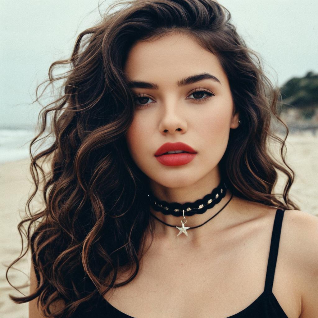 Young Woman with Curly Hair and Red Lipstick at Beach Wearing Black Chokers
