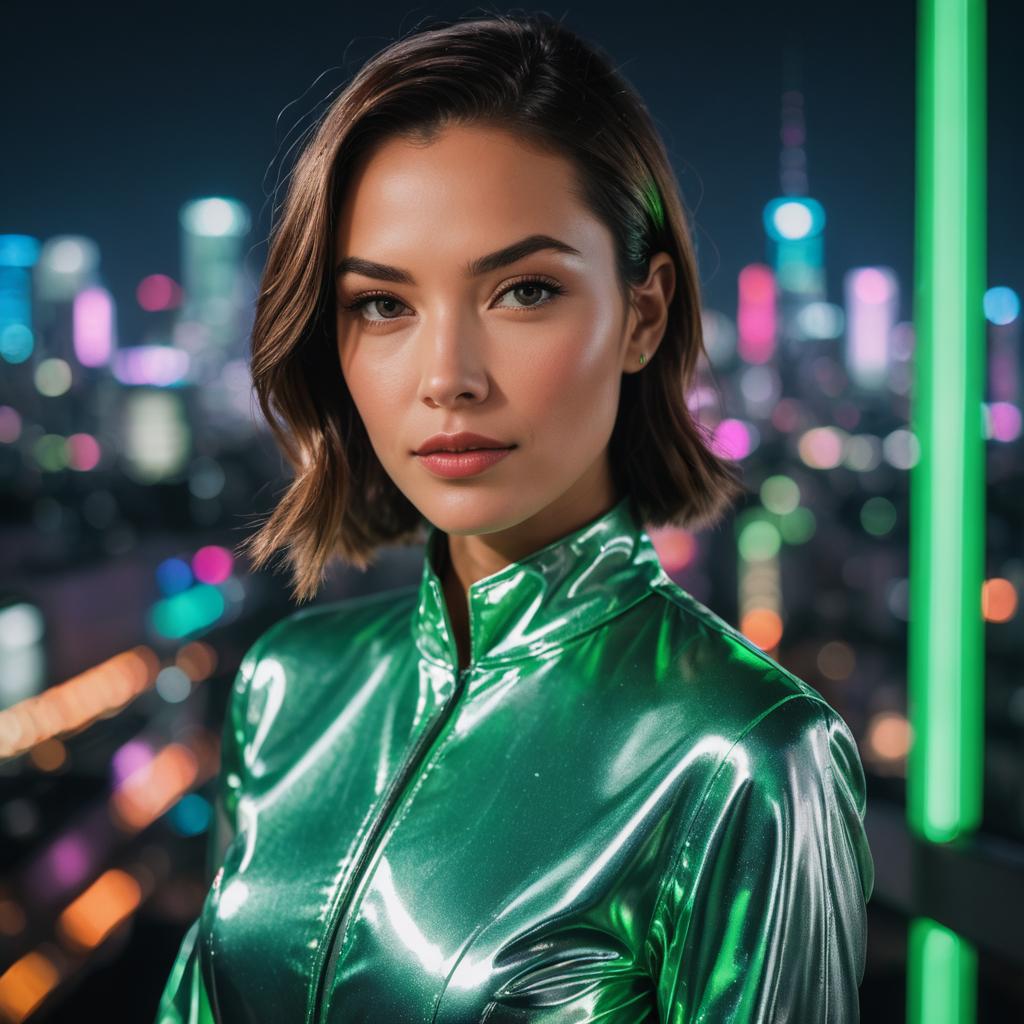 Confident Woman in Metallic Jacket Against City Skyline at Night