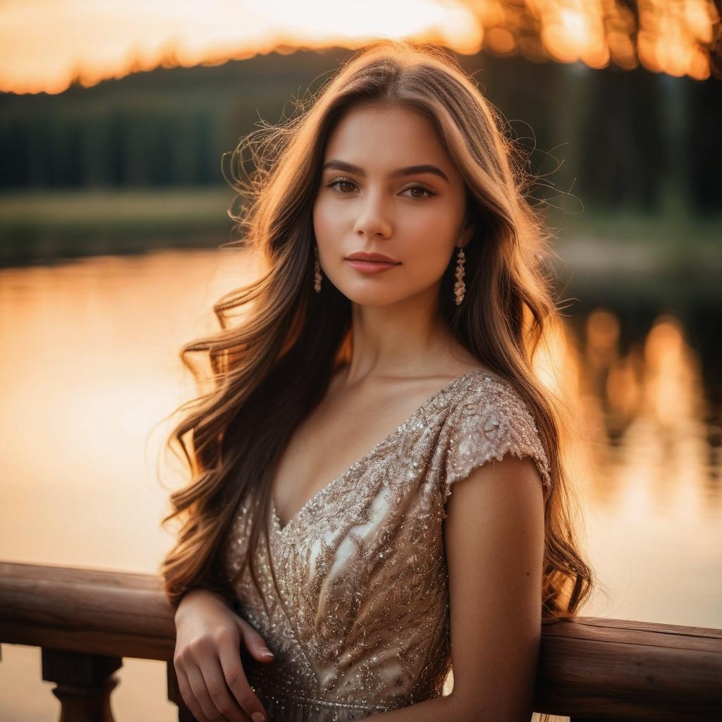 Elegant Woman in Beaded Gown by Lake at Sunset