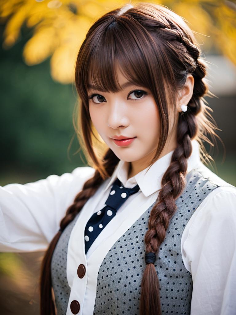 Hanasato Minori Portrait in Autumn with Braided Hair and Polka-Dot Vest