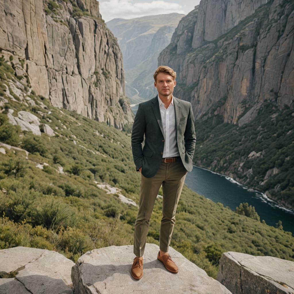 Stylish Man on Rocky Outcrop with Mountain View