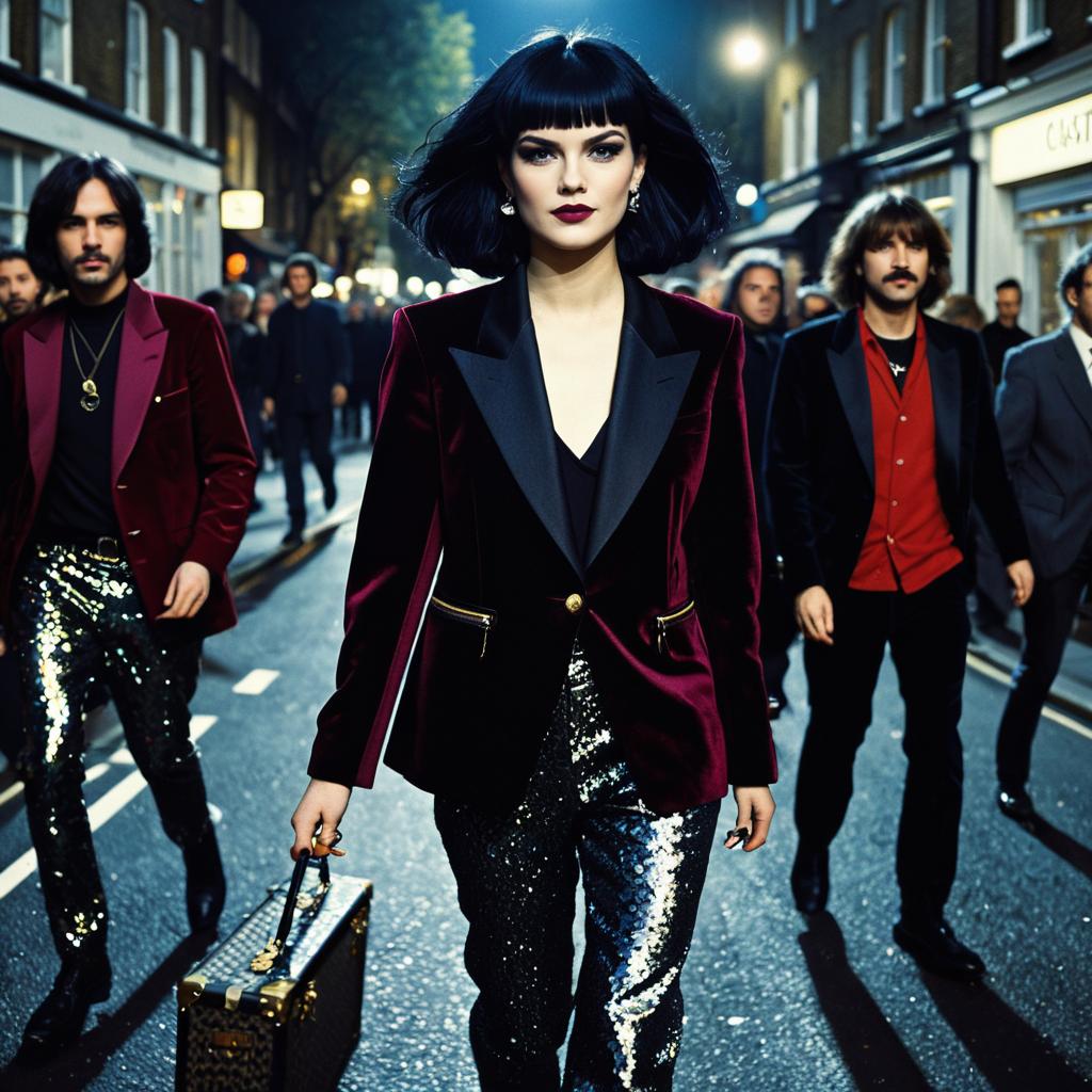 Stylish Glam Rock Group Walking on City Street at Night