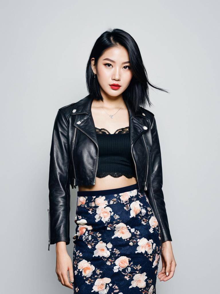 Stylish Young Woman in Leather Jacket and Floral Skirt Fashion Portrait