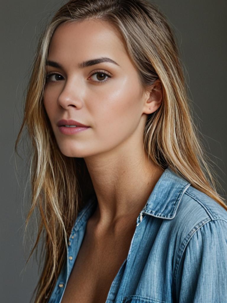 Close-up portrait of a confident woman in denim shirt