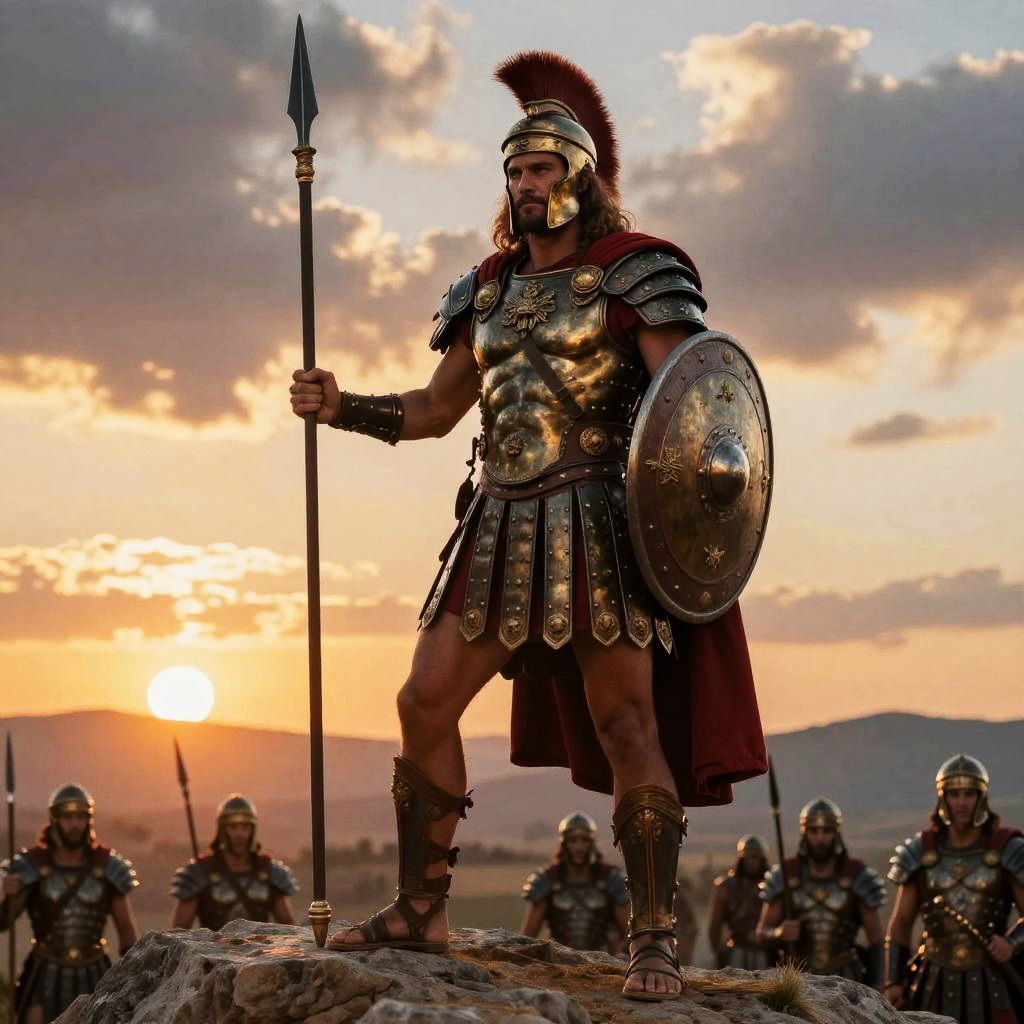 Ancient Warrior Man in Metallic Armor Holding Spear and Shield at Sunset