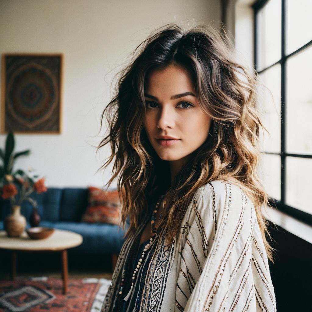 Bohemian Woman with Wavy Hair in Cozy Living Room