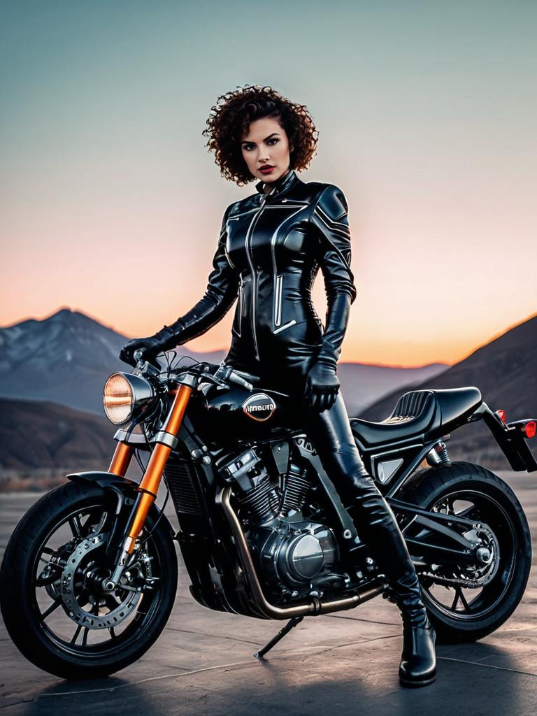 Woman in Black Leather Suit With Motorcycle at Sunset in Mountain Landscape