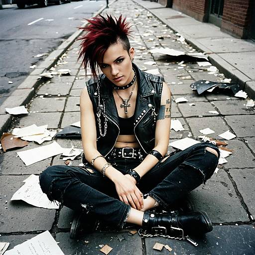 Edgy Punk Woman with Red Mohawk Sitting on Urban Street
