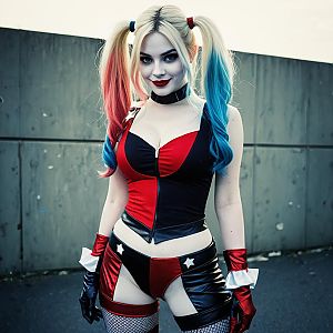 Harley Quinn Cosplay Woman in Red and Black Costume with Colored Pigtails