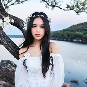 Serene Young Woman in Off-Shoulder Dress by Water