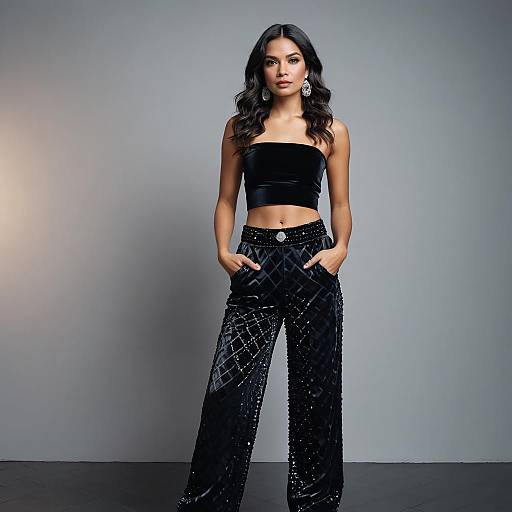 Woman in Elegant Black Velvet Bandeau Top and Sequin Embellished Pants