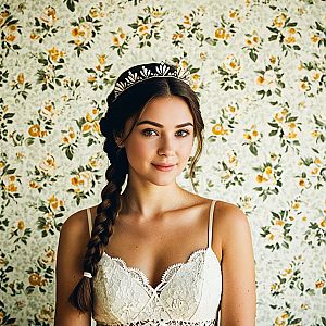 Young Woman in Lace Top Against Floral Wallpaper