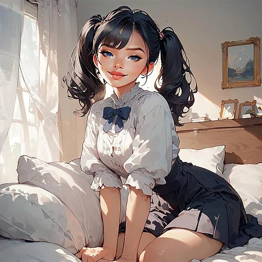 Anime Style Young Woman in White Blouse and Black Skirt Sitting on Bed